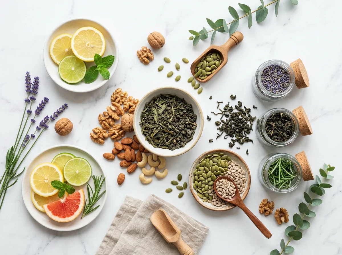 Verse botanische ingrediënten op wit marmer: groene thee, noten, citrus, kruiden - plantaardige voedingssupplementen voor de stofwisseling